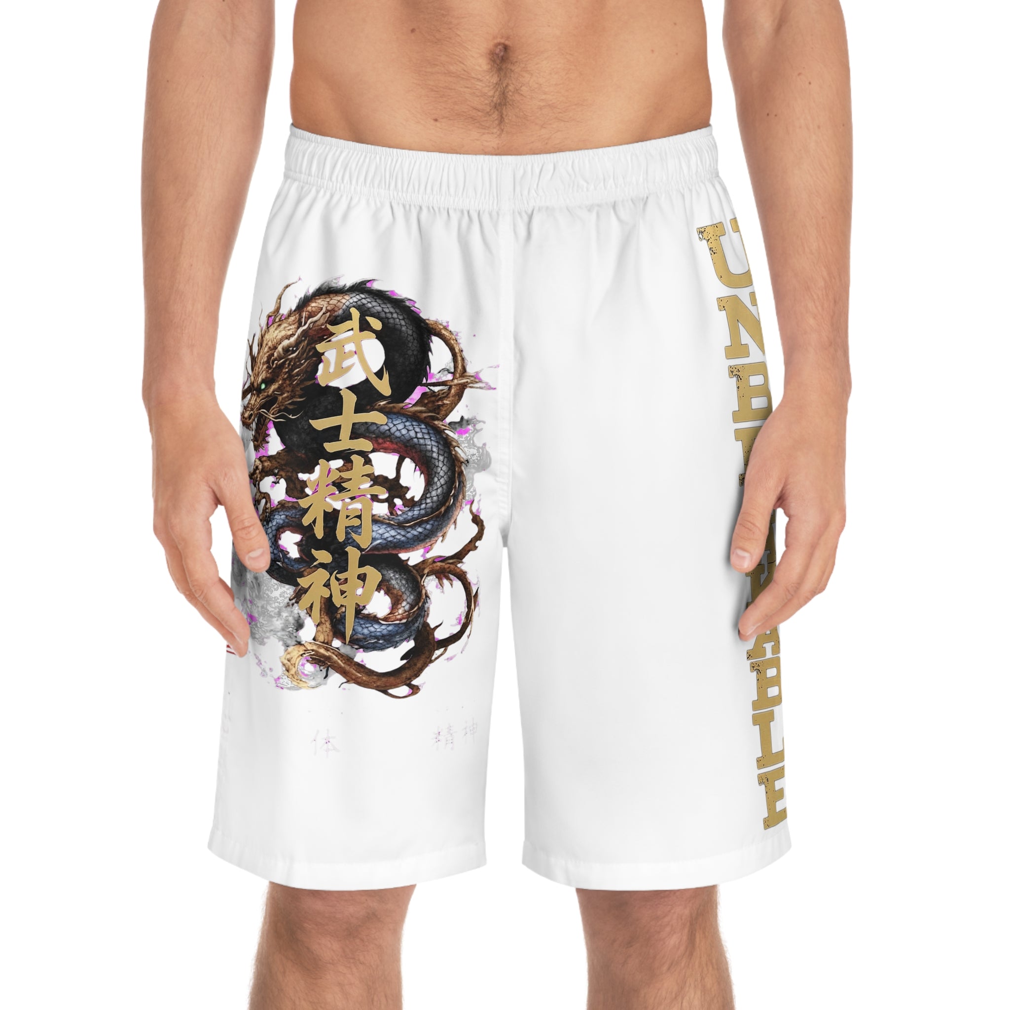 Unbreakable Dragon Board Shorts – Japanese Kanji Samurai Spirit Swim Trunks by 8Sydes Apparel