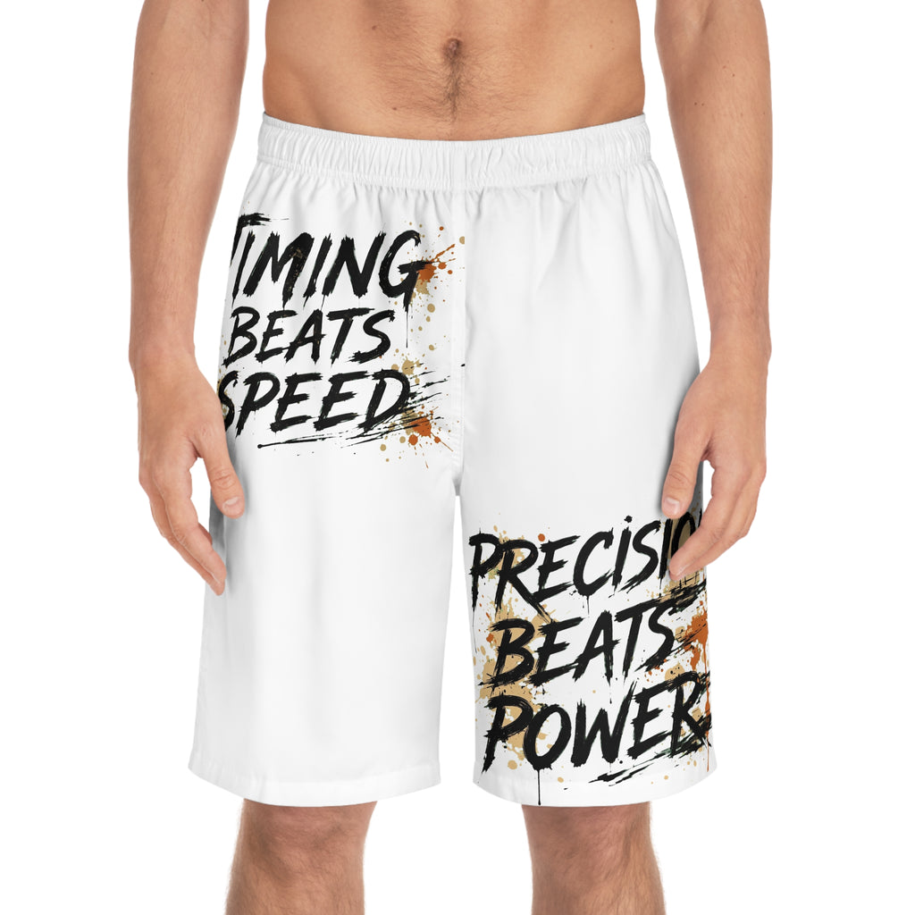 Board Shorts — "Timing Beats Speed / Precision Beats Power" Surf & Training Swim Trunks