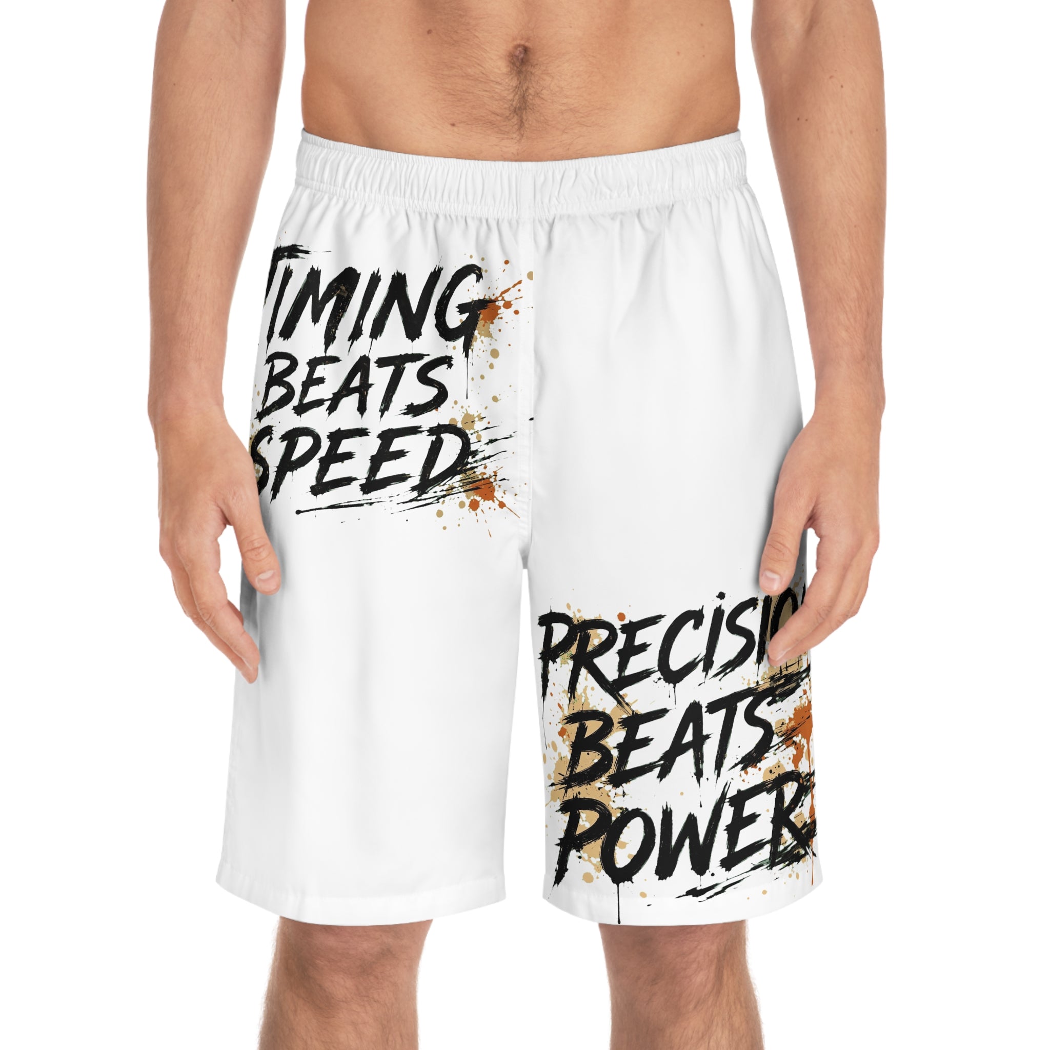 Board Shorts — "Timing Beats Speed / Precision Beats Power" Surf & Training Swim Trunks