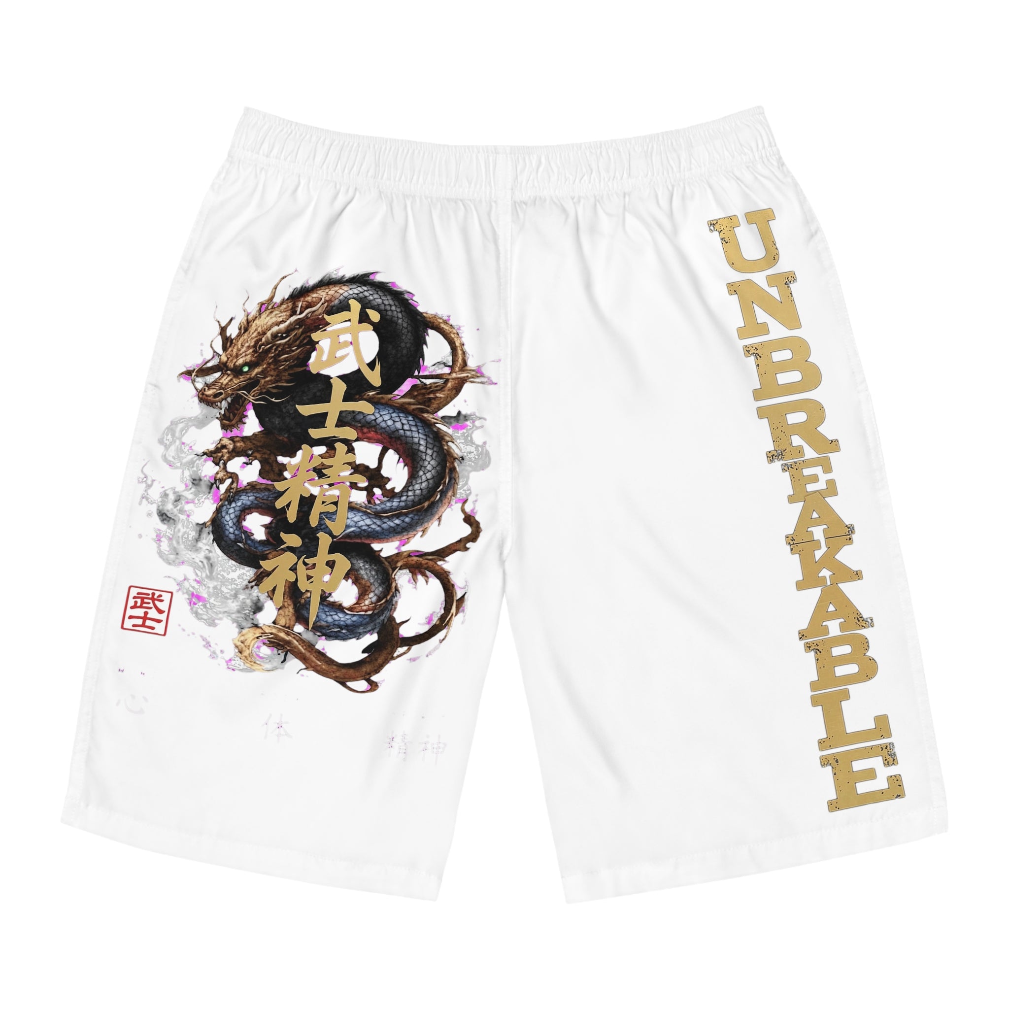 Unbreakable Dragon Board Shorts – Japanese Kanji Samurai Spirit Swim Trunks by 8Sydes Apparel