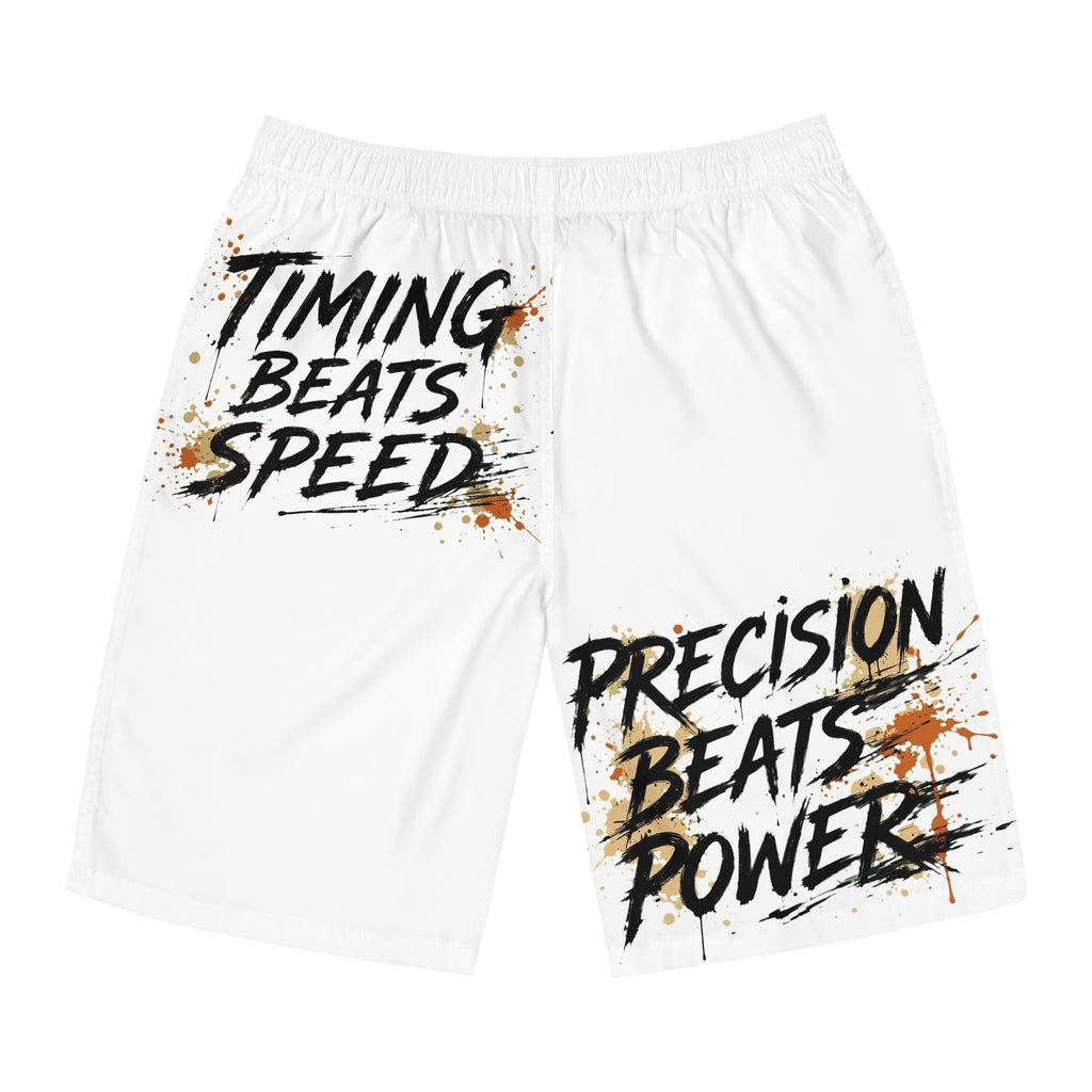 Board Shorts — "Timing Beats Speed / Precision Beats Power" Surf & Training Swim Trunks